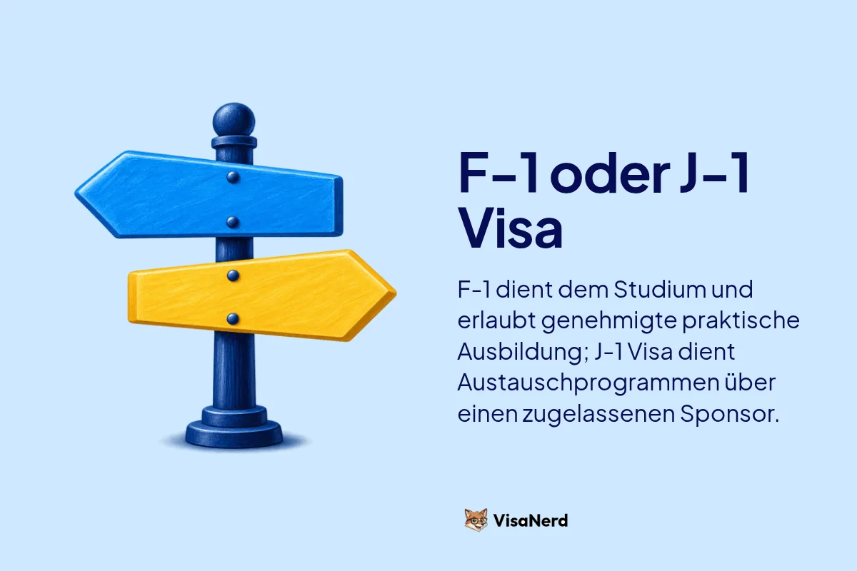 F-1 oder J-1 Visa: F-1 dient dem Studium und erlaubt genehmigte praktische Ausbildung; J-1 Visa dient Austauschprogrammen über einen zugelassenen Sponsor.