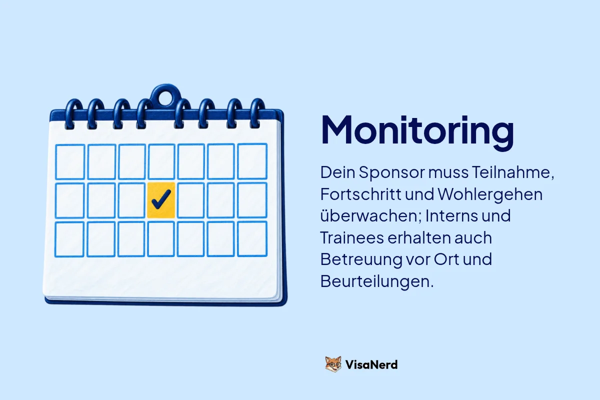Monitoring: Dein Sponsor muss Teilnahme, Fortschritt und Wohlergehen überwachen; Interns und Trainees erhalten auch Betreuung vor Ort und Beurteilungen.