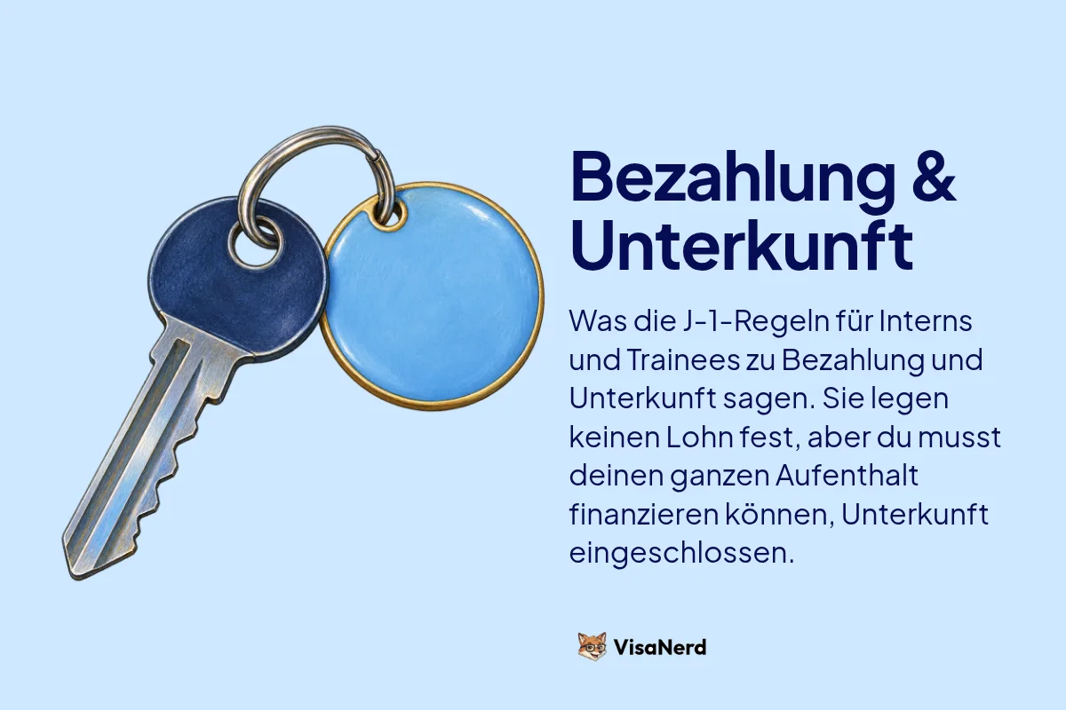 Bezahlung & Unterkunft: Was die J-1 Regeln für Interns und Trainees zu Bezahlung und Unterkunft sagen. Sie legen keinen Lohn fest, aber du musst deinen ganzen Aufenthalt finanzieren können, Unterkunft eingeschlossen.