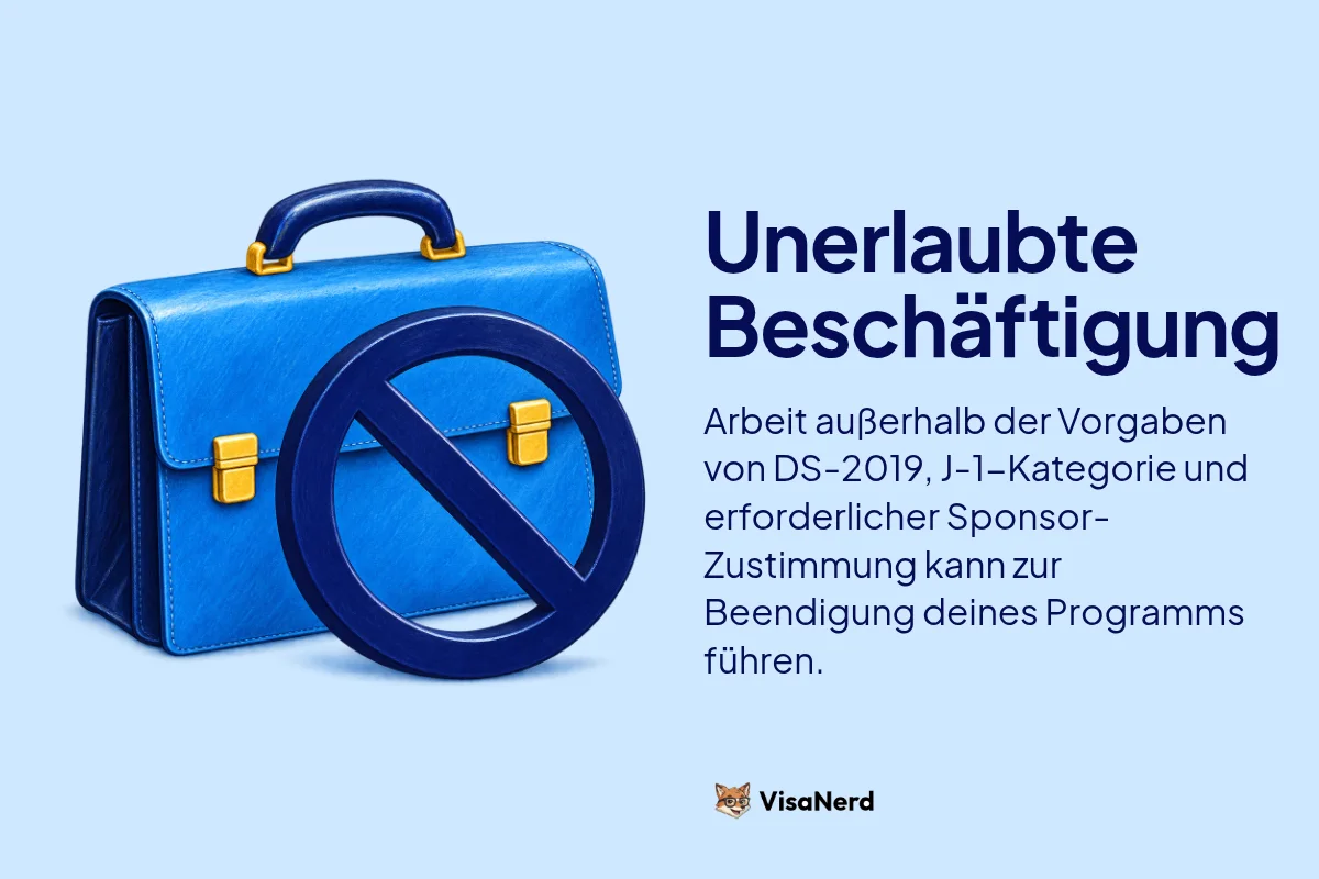 Unerlaubte Beschäftigung: Arbeit außerhalb der Vorgaben von DS-2019, J-1 Kategorie und erforderlicher Zustimmung des Sponsors kann zur Beendigung deines Programms führen.