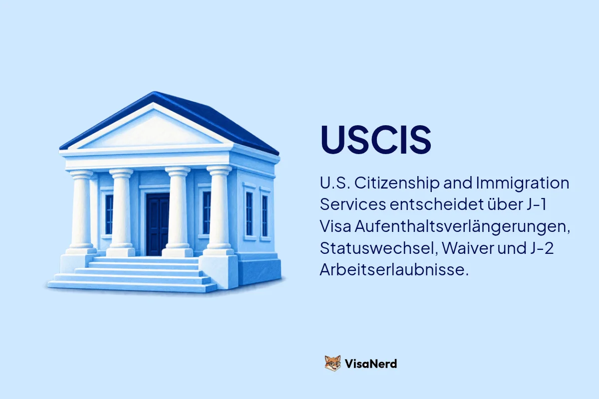 USCIS: U.S. Citizenship and Immigration Services entscheidet über J-1 Visa Aufenthaltsverlängerungen, Statuswechsel, Waiver und J-2 Arbeitserlaubnisse.